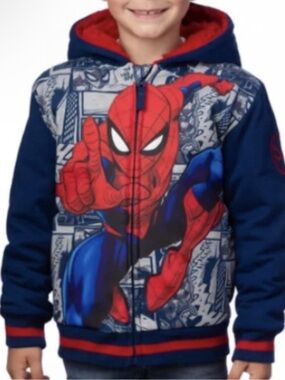 Marvel Boys Spider-Man Plush Hooded Graphic Jacket Comic Print Full Zip